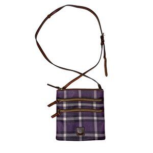 Vintage Dooney & Bourke Purple Plaid Crossbody Bag With Adjustable Strap & Tripl